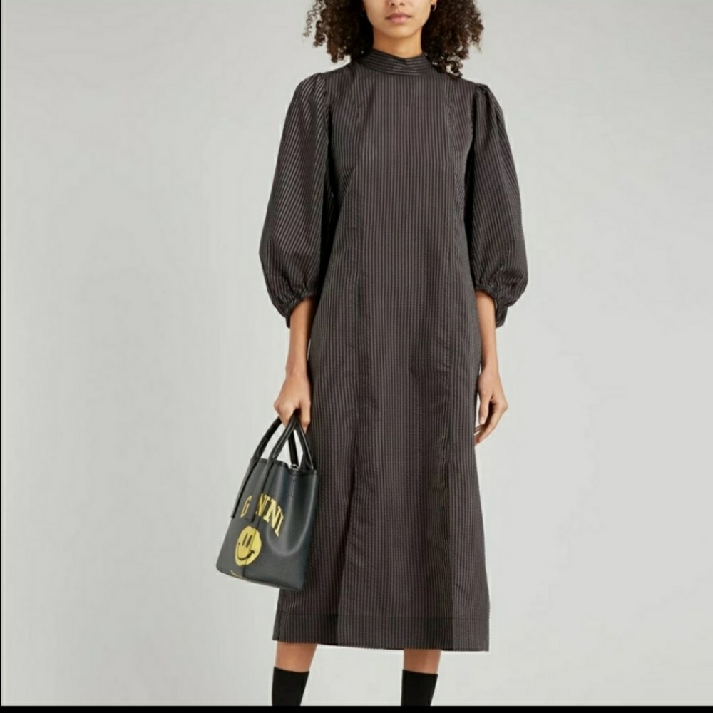 GANNI Balloon Sleeve Gingham Seersucker Midi Dress